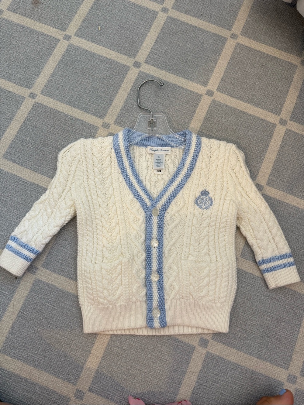 Ralph Lauren Baby Cream Cable Knit Cardigan with Light Blue Trim size 9m NWT